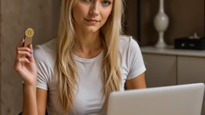 Confident woman holding a Ledger cold wallet and Bitcoin, showing how to secure crypto with a cold wallet in 2025